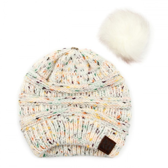 WHITE | Confetti faux fur pom beanie - Picture 2 of 2